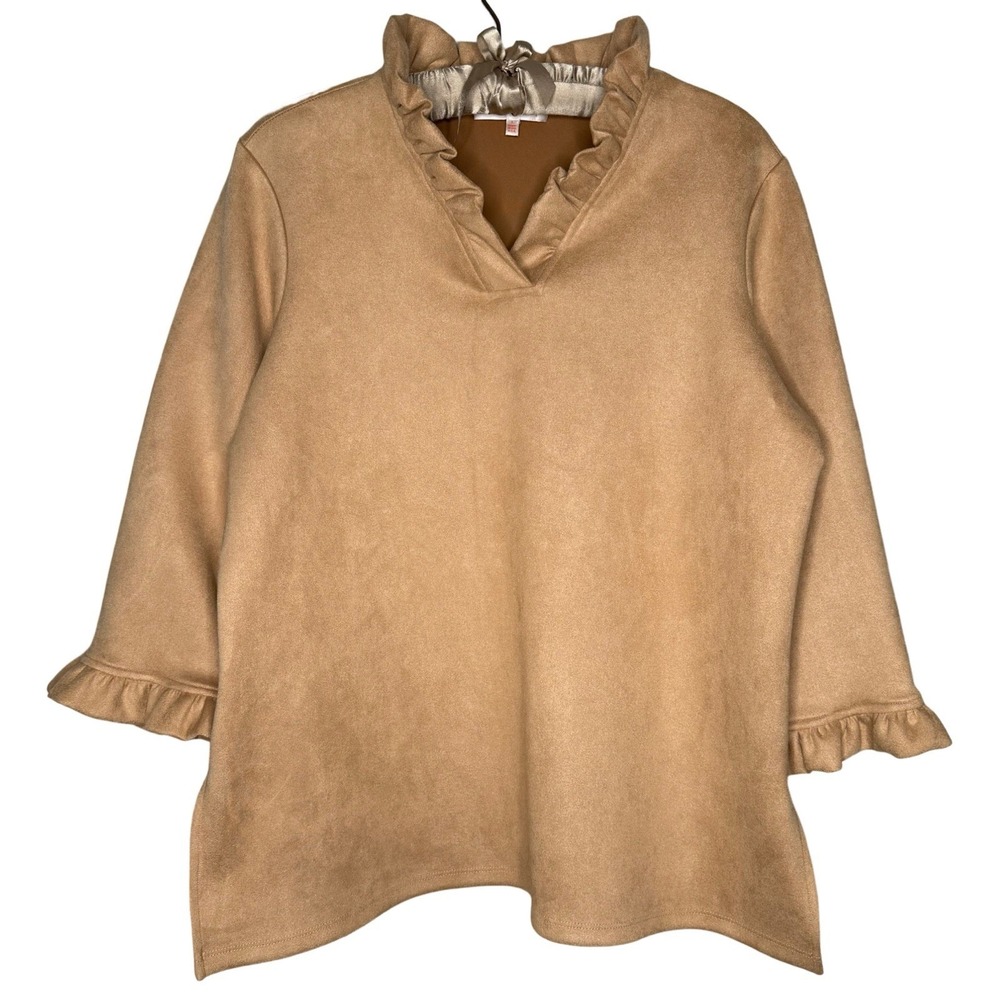 Jude Connally Faux Suede Tunic Top L Ruffle Neck Minimalist Neutral Made In USA